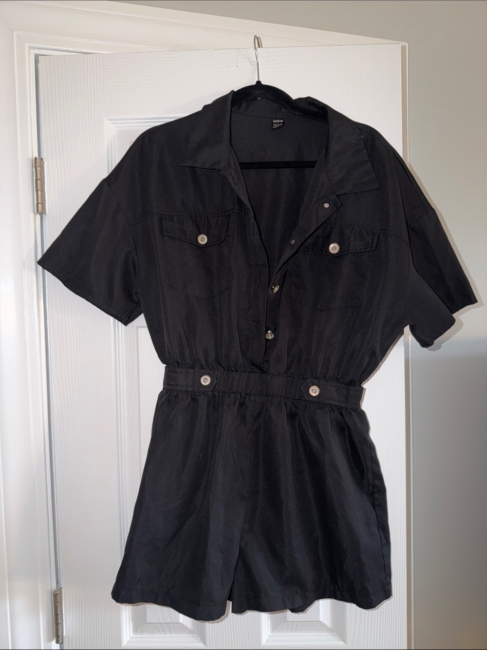 SHEIN Black Short-Sleeve Button-Front Romper